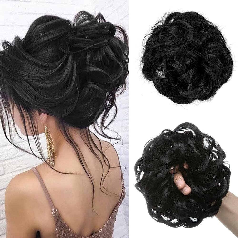 Messy Bun Hairpiece Hair Extension Wavy Curly Synthetic Scrunchie Black